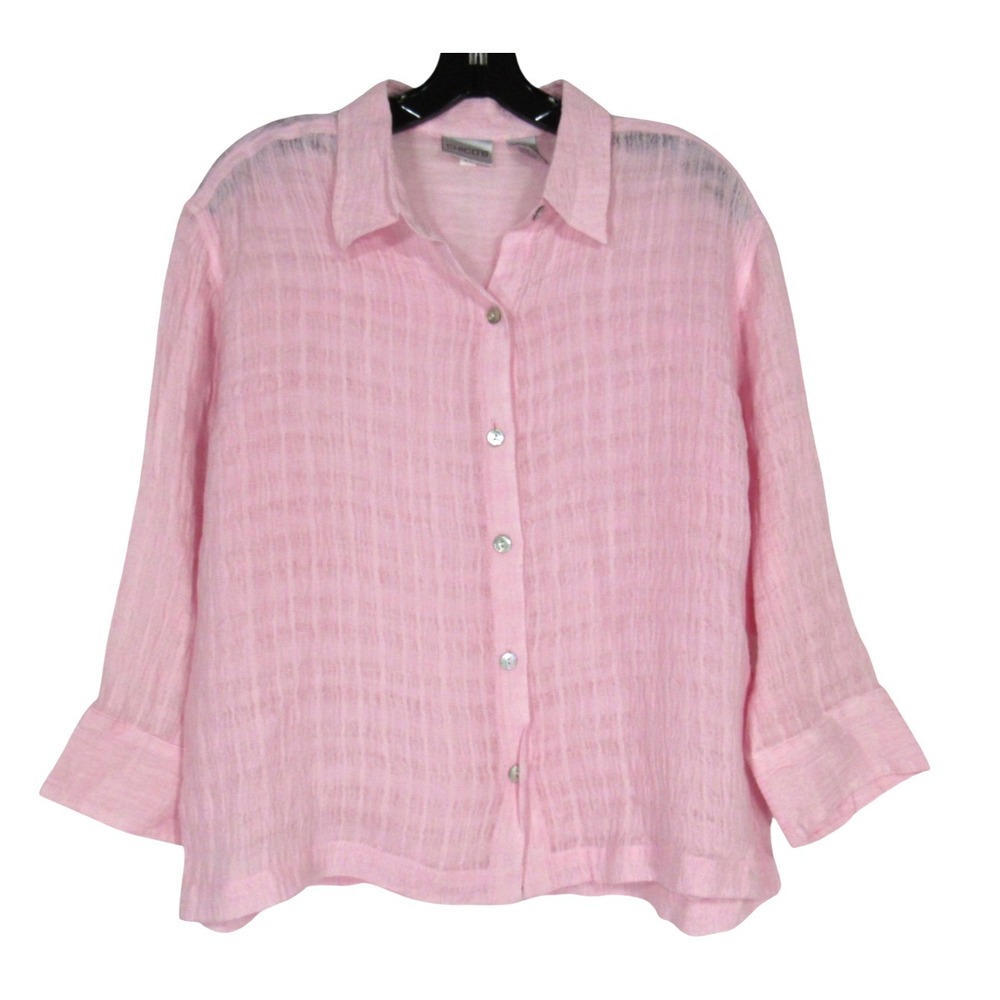 CHICO'S Thin Crinkled LINEN Button-Up 3/4 SLEEVES Pink BLOUSE/TOP Sz 1/US-M